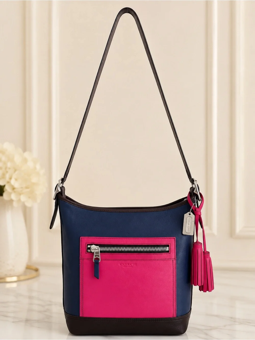 Coach Legacy Leather Shoulder Bag Navy Pink Tassels 19995